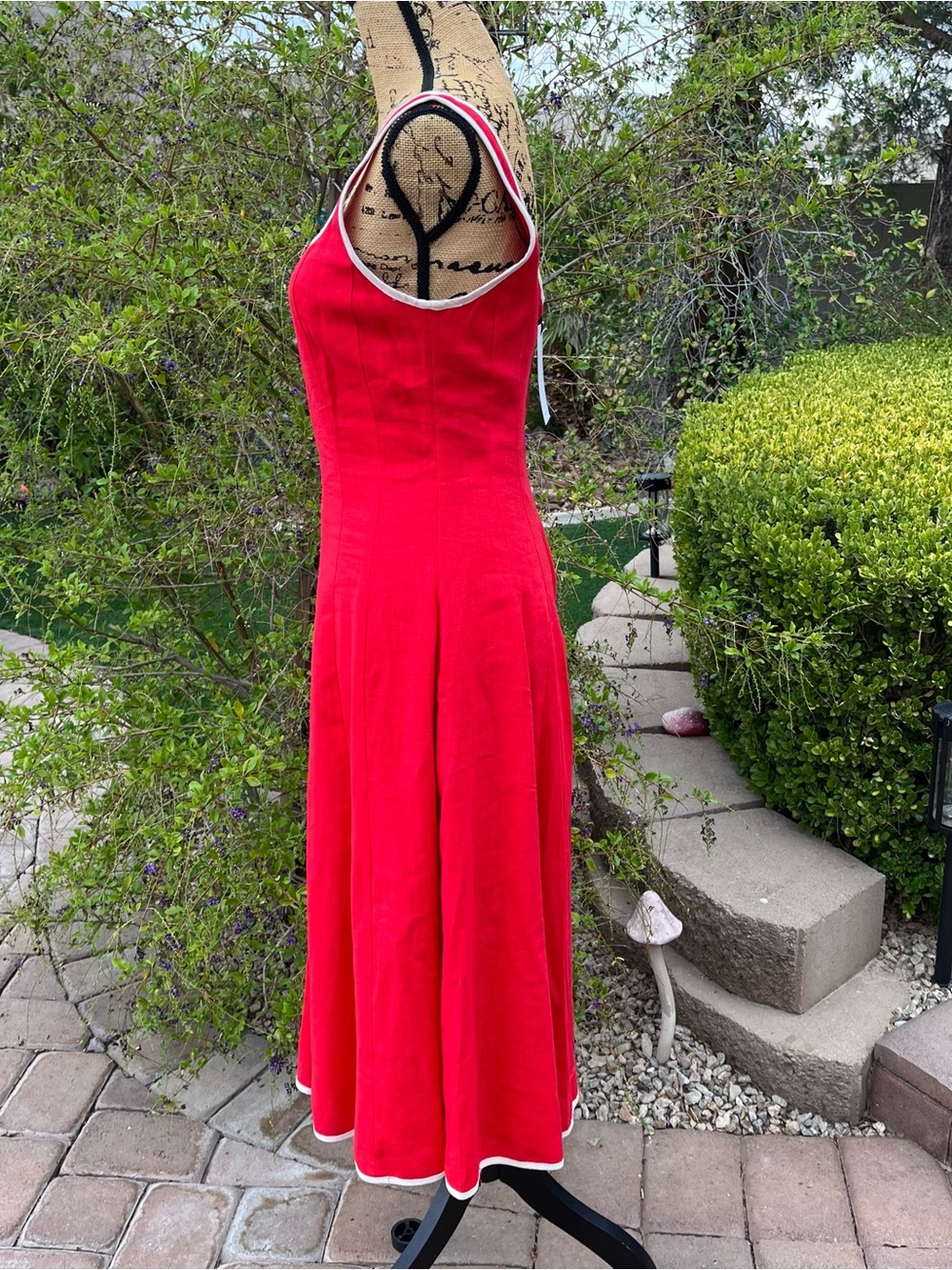 For All Mankind Red Linen Blend Midi Dress White Trim Fit & Flare Size M NWT - Picture 3 of 6